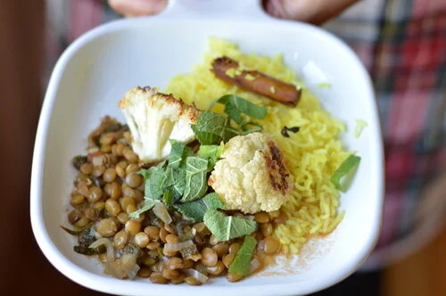 Turmeric rice and minty lentils