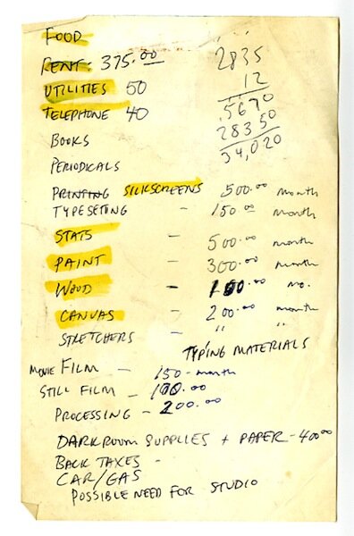  The artists’ shopping lists for art materials.    Budget for materials, 1990, Wojnarowicz Papers, Fales. Phone logs, Series 4 Box 7, Folder 10         