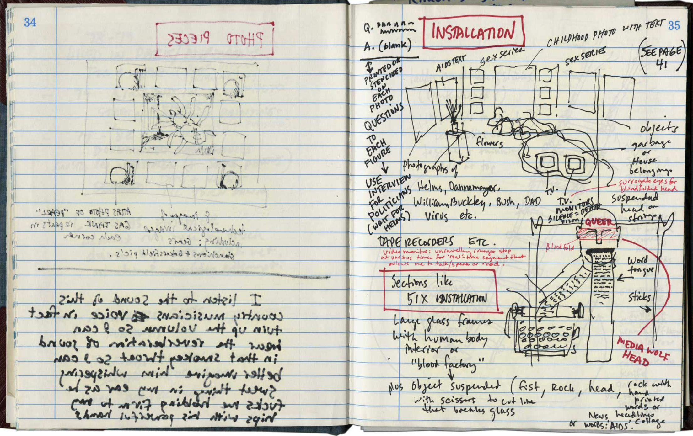  Journals where he meticulously planned his works .  Sketch of Installations Wojnarowicz Papers, Fales Journals, Series 1 p. 34-35      