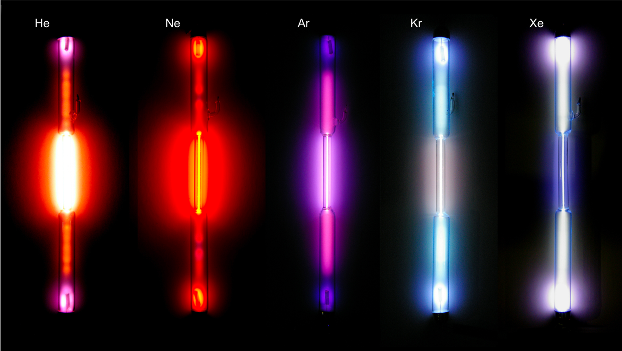  Noble gas discharge tubes ionized in clear glass tubes. Photo: Wikimedia 