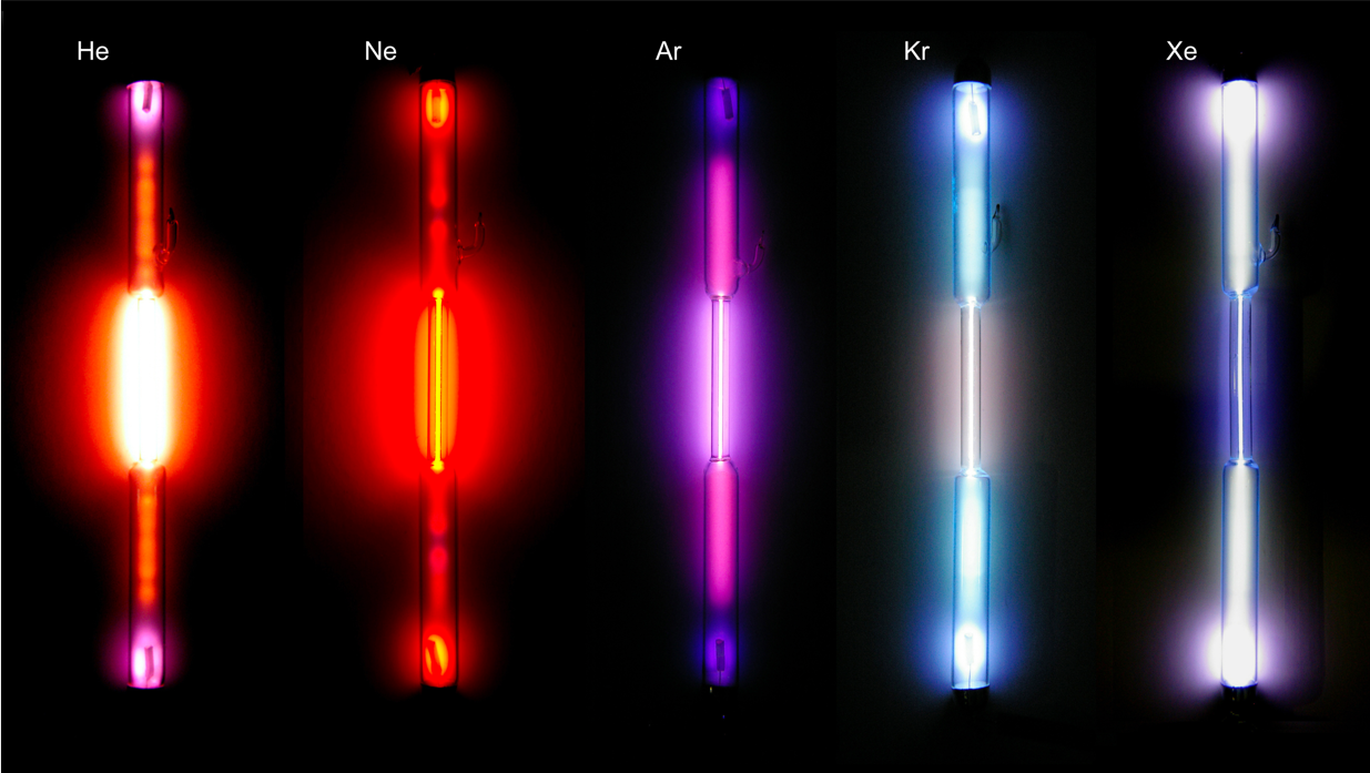 Noble gas discharge tubes ionized in clear glass tubes. Photo: Wikimedia
