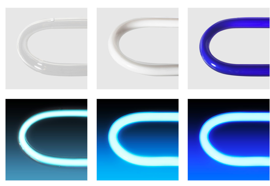  Transparent, Phosphor and Colored tubes: top row off, bottom row illuminated.  Photo: support.sygns.com   