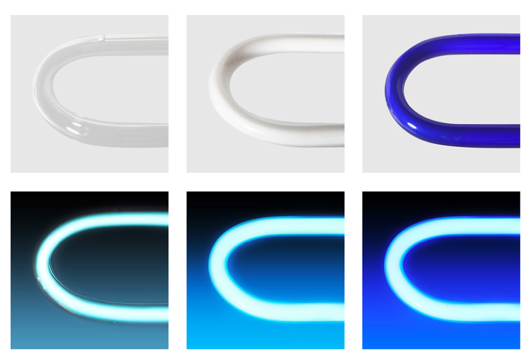 Transparent, Phosphor and Colored tubes: top row off, bottom row illuminated. Photo: support.sygns.com