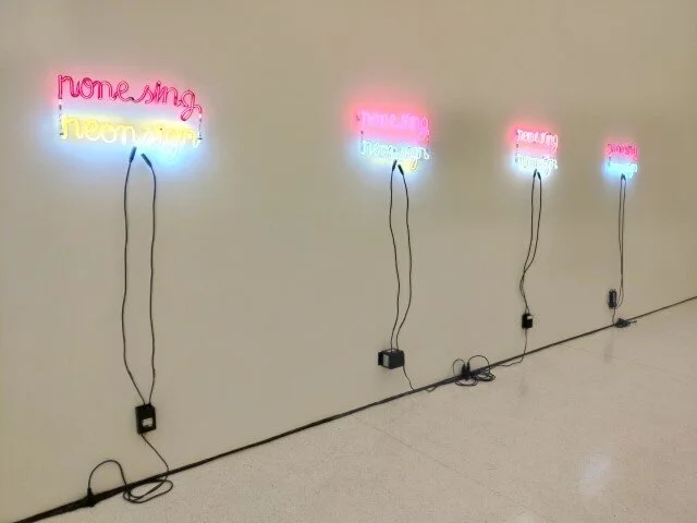 Left to right: 1970 fabrication, original fabricator unknown; ”neon sign” (bottom section) refabricated by Jacob Fishman, 2013 2005 exhibition copy, fabricated by Jacob Fishman 2006 exhibition copy, fabricated by Jacob Fishman 2013 exhibition co