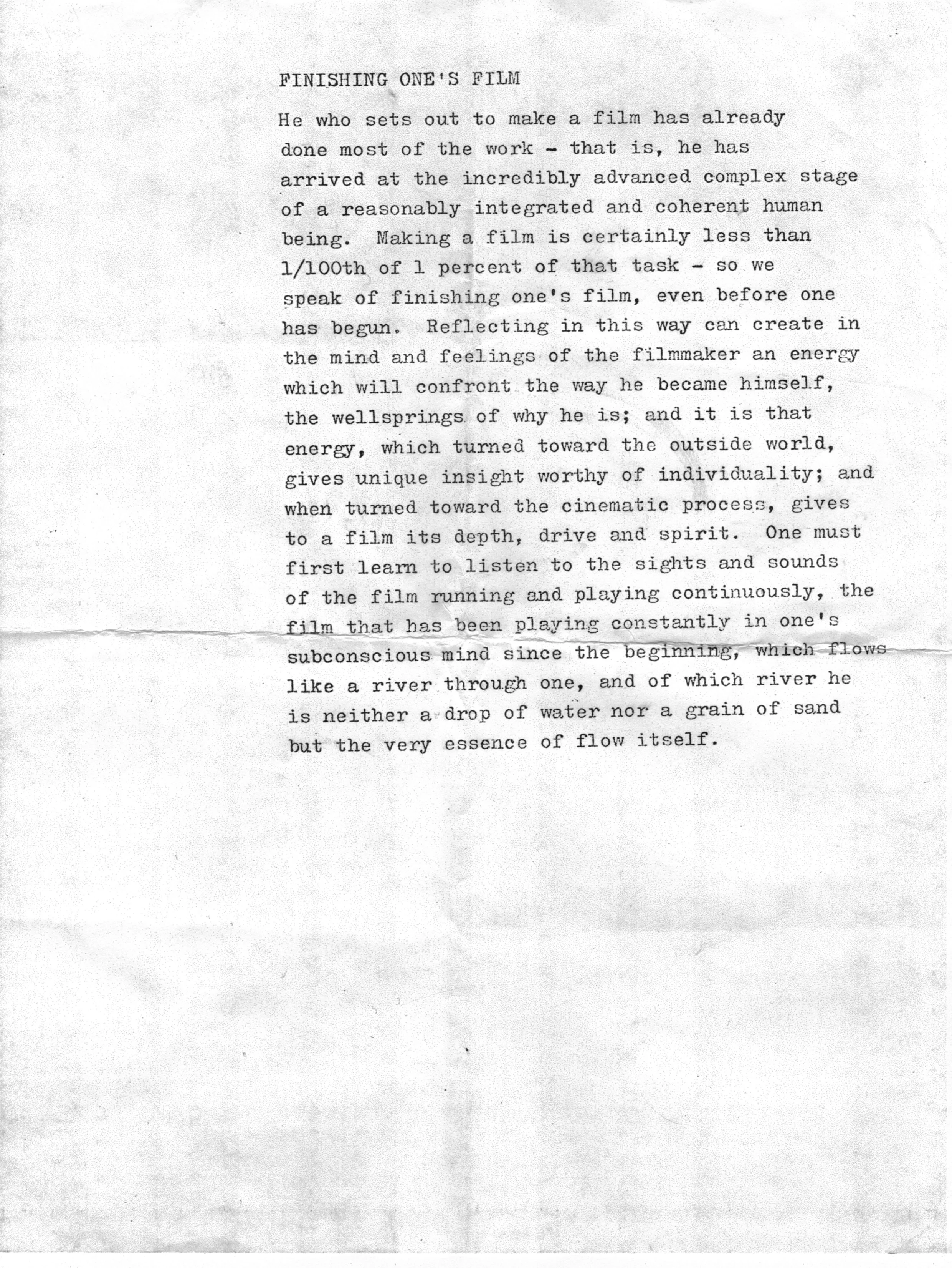 FINISHING ONE’S FILM, An Essay