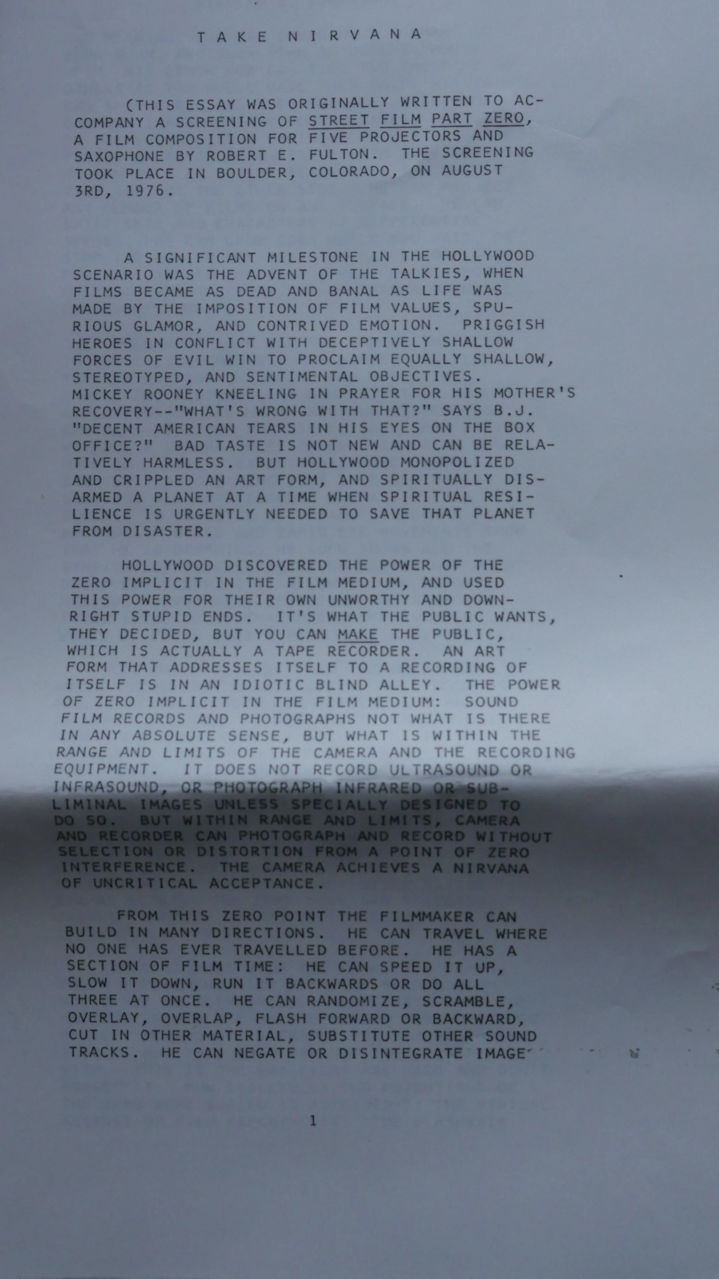 TAKE NIRVANA, An Essay by William S. Burroughs on Fulton’s STREET FILM ZERO 