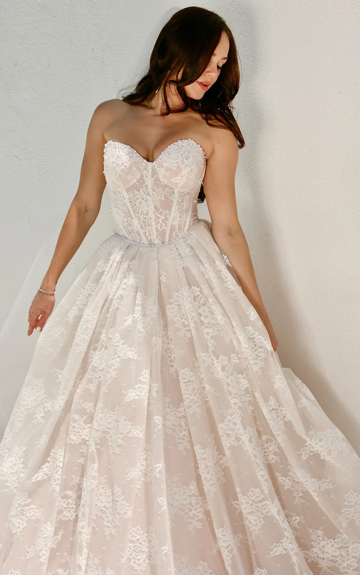 1847 Romantic Strapless Lace Ballgown Wedding Dress with Pearl Embellishments by Martina Liana