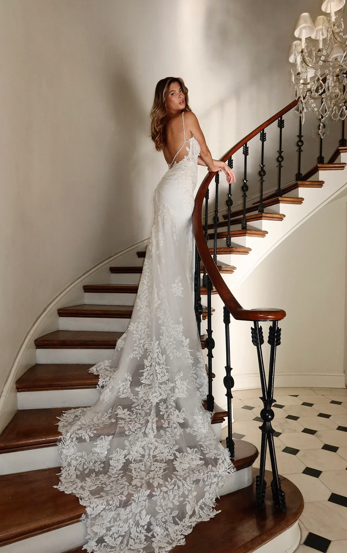 1798 Sexy Lace and Crepe Spaghetti Strap Column Wedding Dress with Sweetheart Neckline by Martina Liana