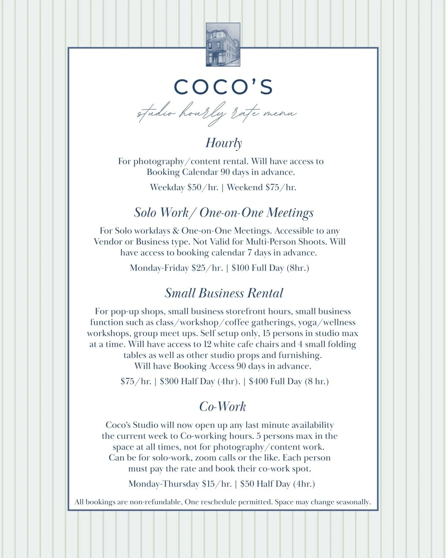 Coco&rsquo;s Studio 2026 Rates, will also be sharing Membership options soon to come. Booking Calendar is open.

St. Louis photography studio
St. Louis pop-up market 
St. Louis Missouri Photography Studio
Benton Park Small Business
Small Business Pho