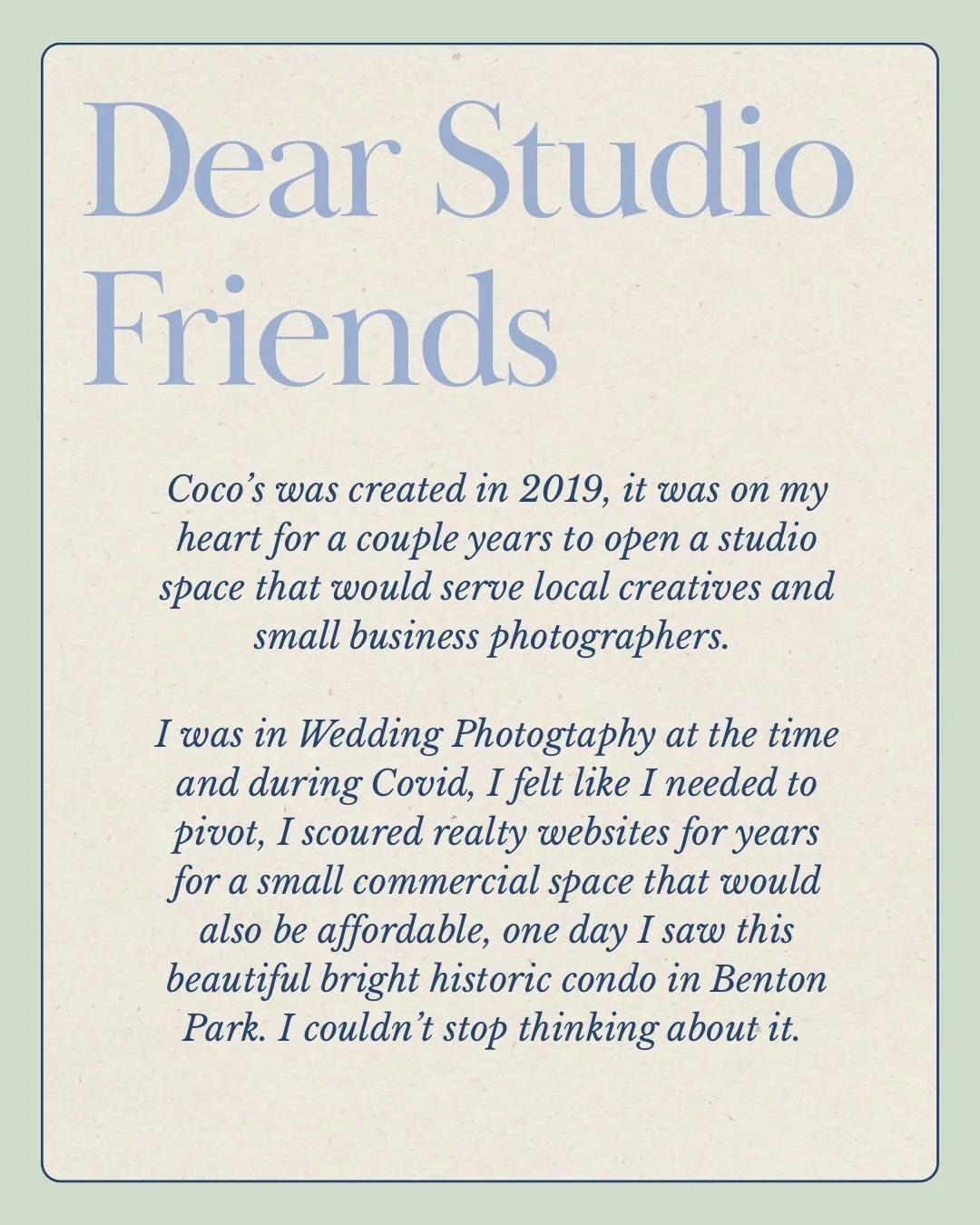 We will be accepting bookings for the remainder of 2026, I hope you all can enjoy your time here while we remain open. There&rsquo;s lots of beautiful props and furnishings and the studio is ready to go for you! 

If you would like to continue to fol