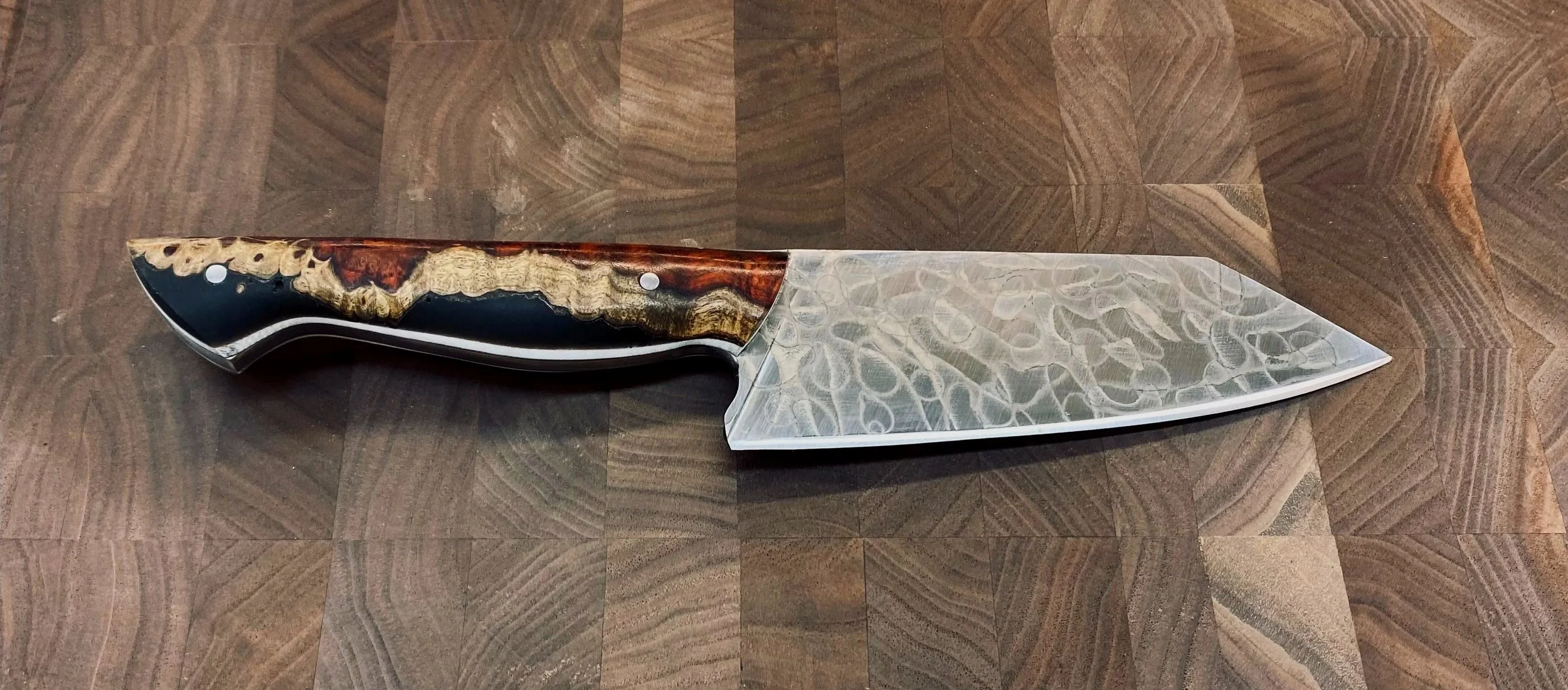 7” Handmade Chef Knife – 80crv2 Carbon Steel with Casted Bloodwood burl handle
