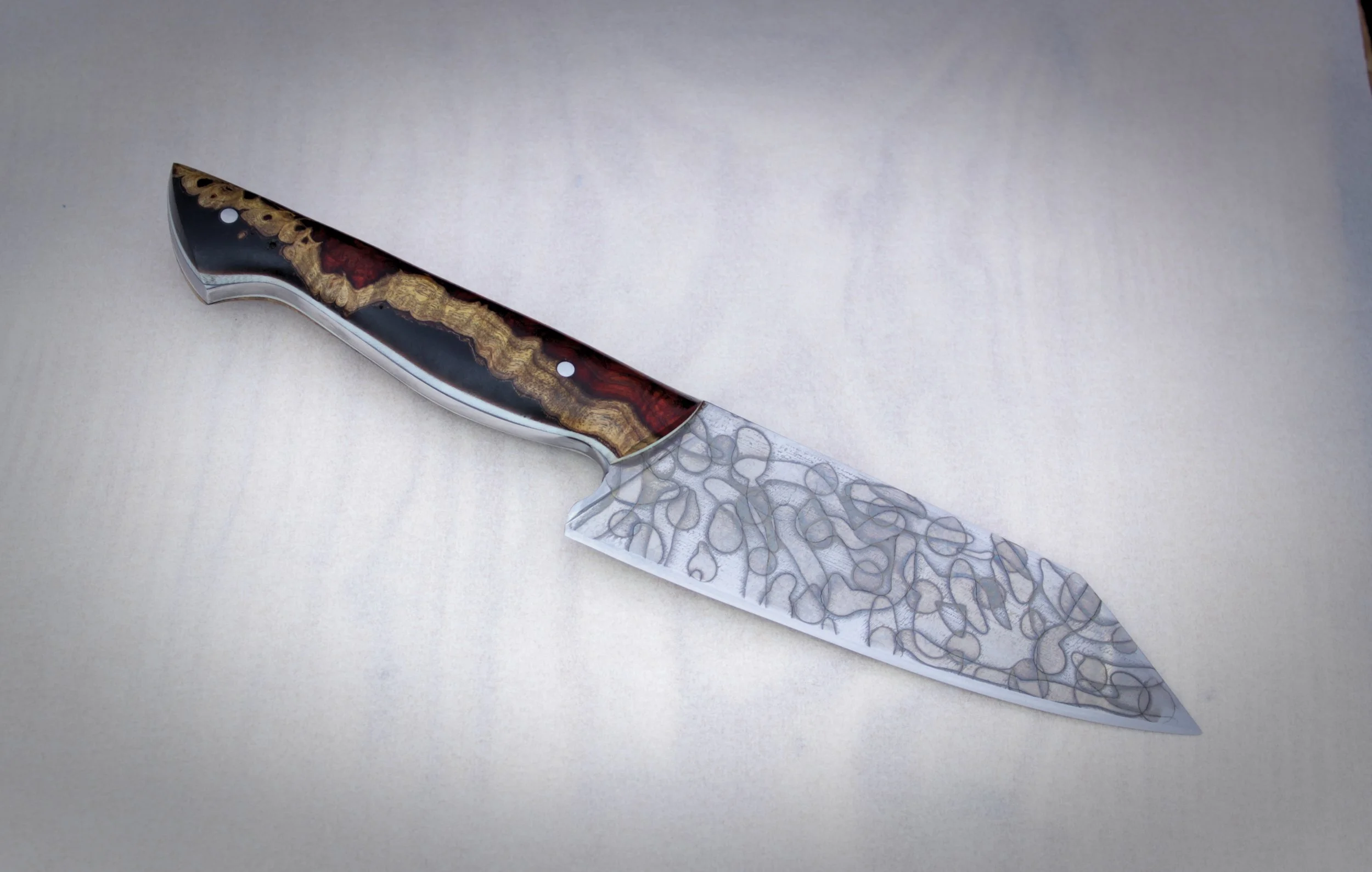 7” Handmade Chef Knife – 80crv2 Carbon Steel with Casted Bloodwood burl handle