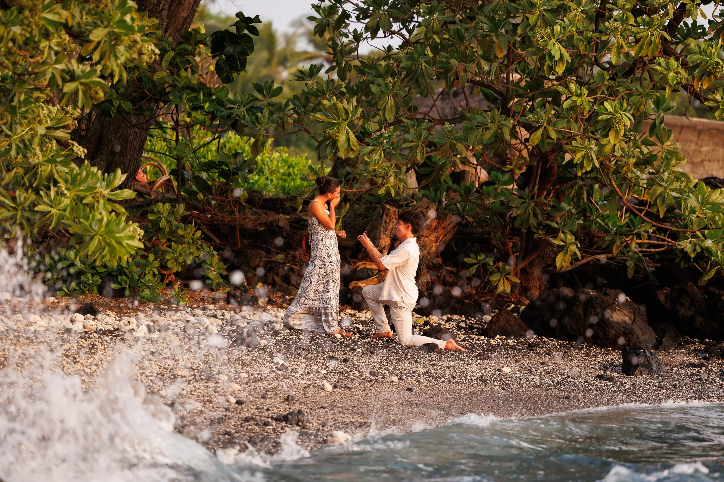 A couple exchanging vows outdoors near a large tree on a beach with rocks and water, during sunset.