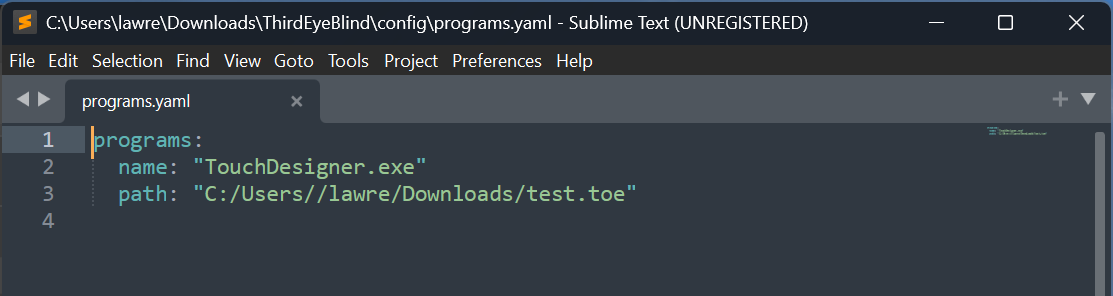 The config file which describes the name and location of the program.