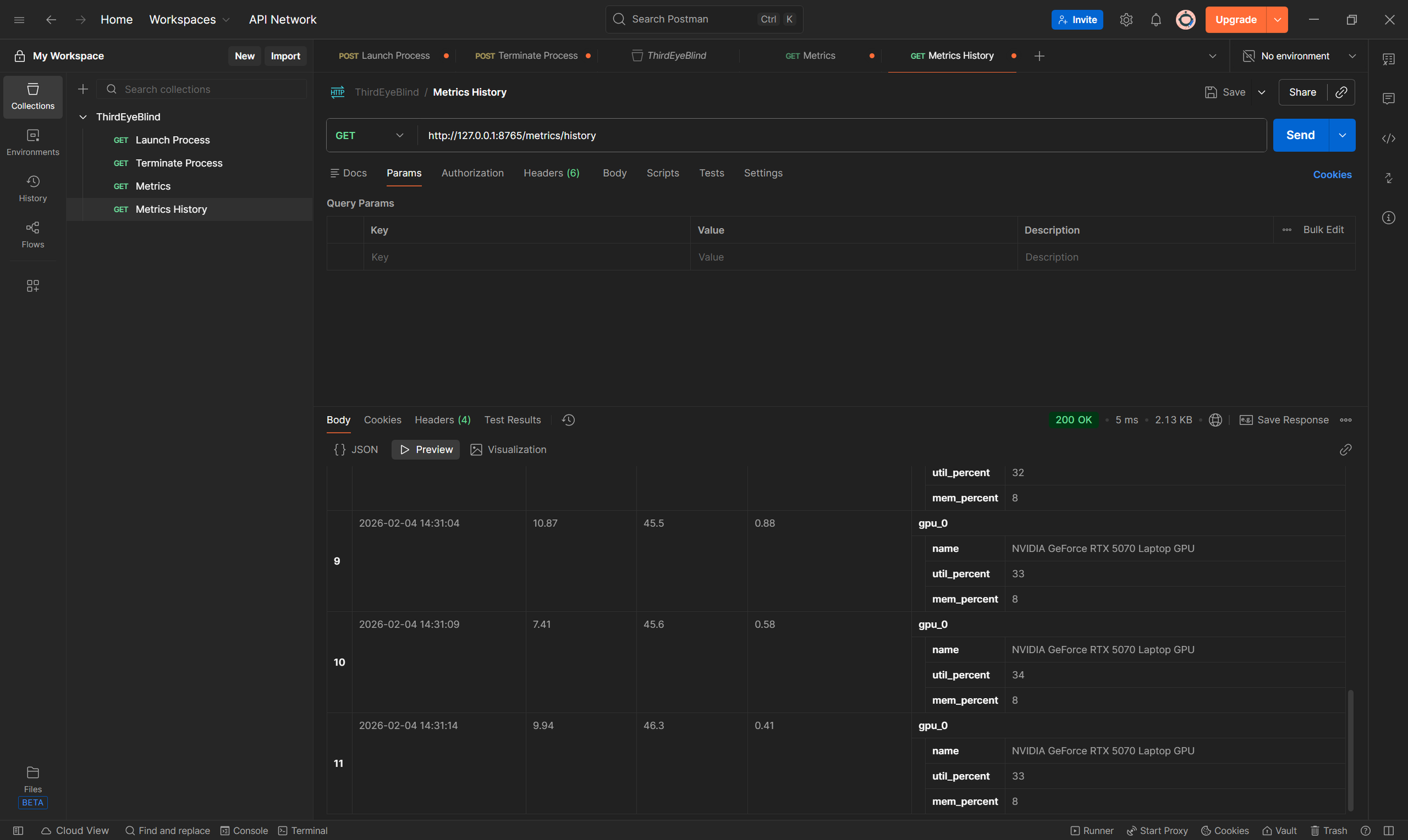 The API call to view system metrics history (up to 12 samples), with the rest of the history can be viewed in log file.