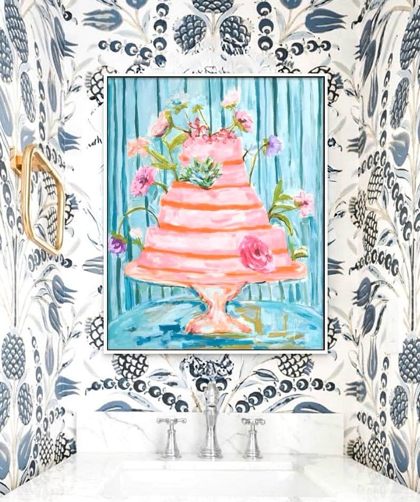 M e e t  M a r i n a 🪸🤍🌸 

Here she is - a pretty pink cake with tangerine frosting covered in pretty blooms -  all on a sea green and blue striped background. 

Would you ever consider putting a happy, bright painting like Marina over a busy wall