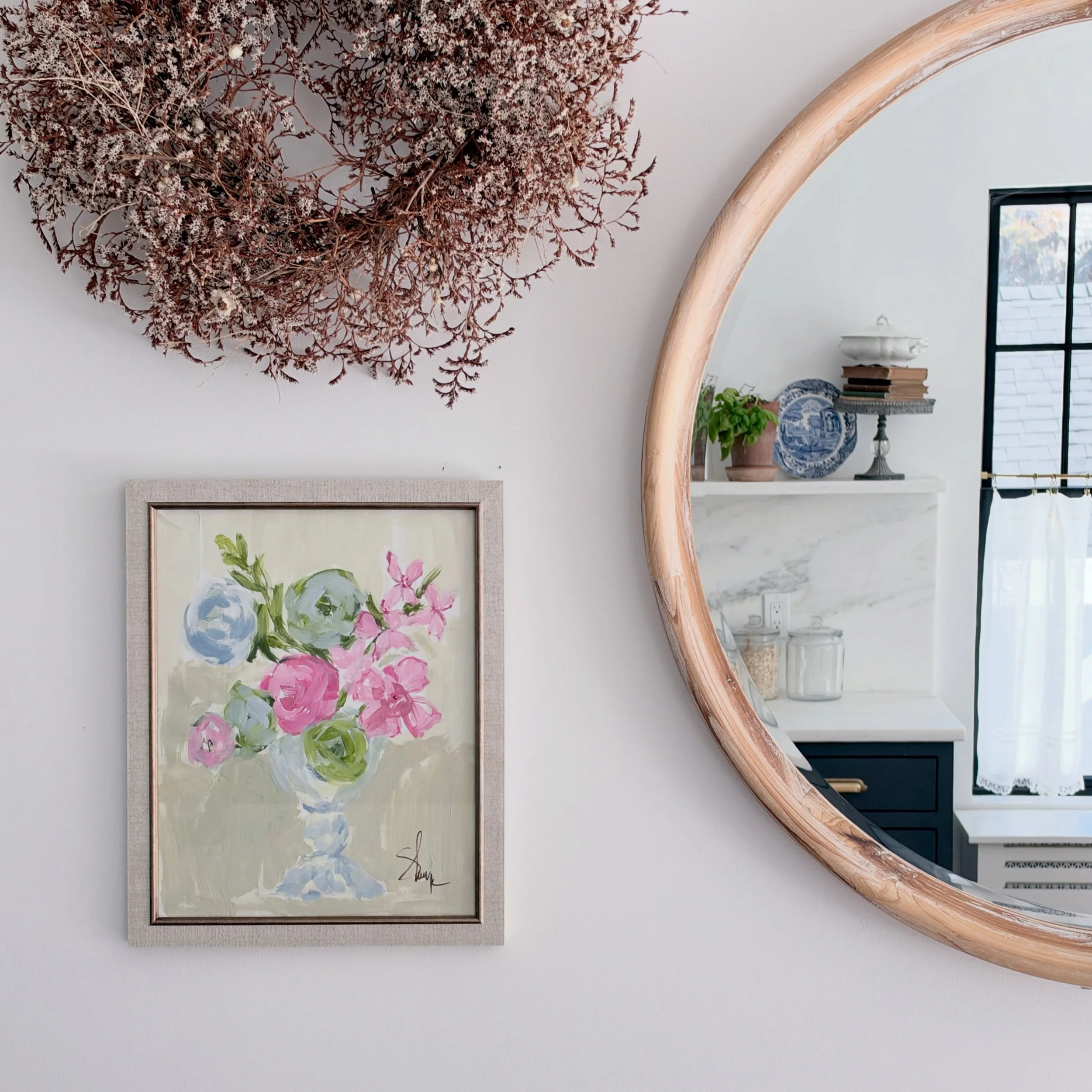 I found this linen frame so I did what anybody else would do - I went home and did a quick gouache sketch on textured linen to put into it. 🫡😏

#floralartwork #gallerywall #kitchenvibes #shippan #ctartist