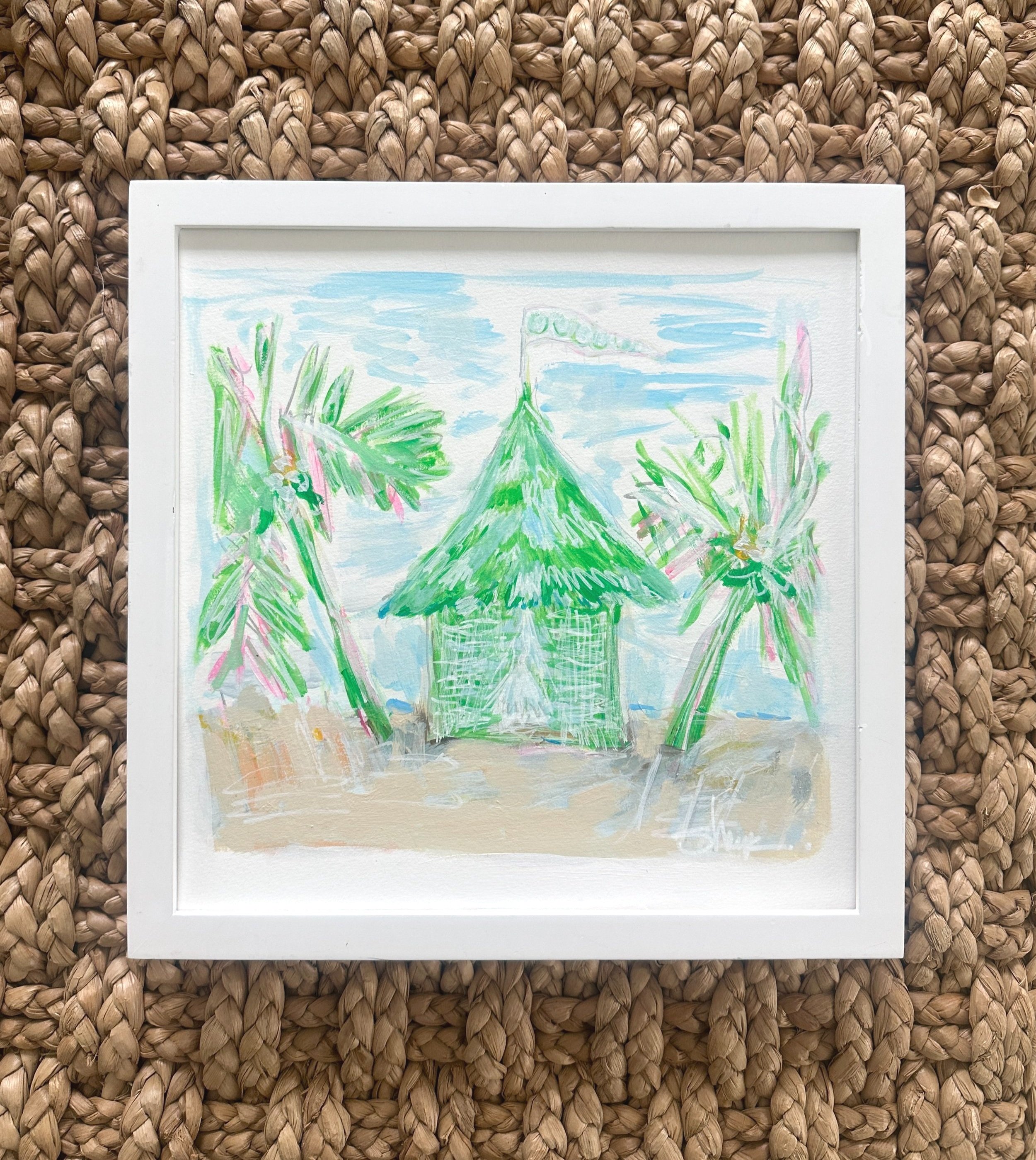 Lilly Pulitzer inspired pink and green TIKI HUT, original artwork on paper by Nancy Sharpe, Nancy Sharpe Fine Art