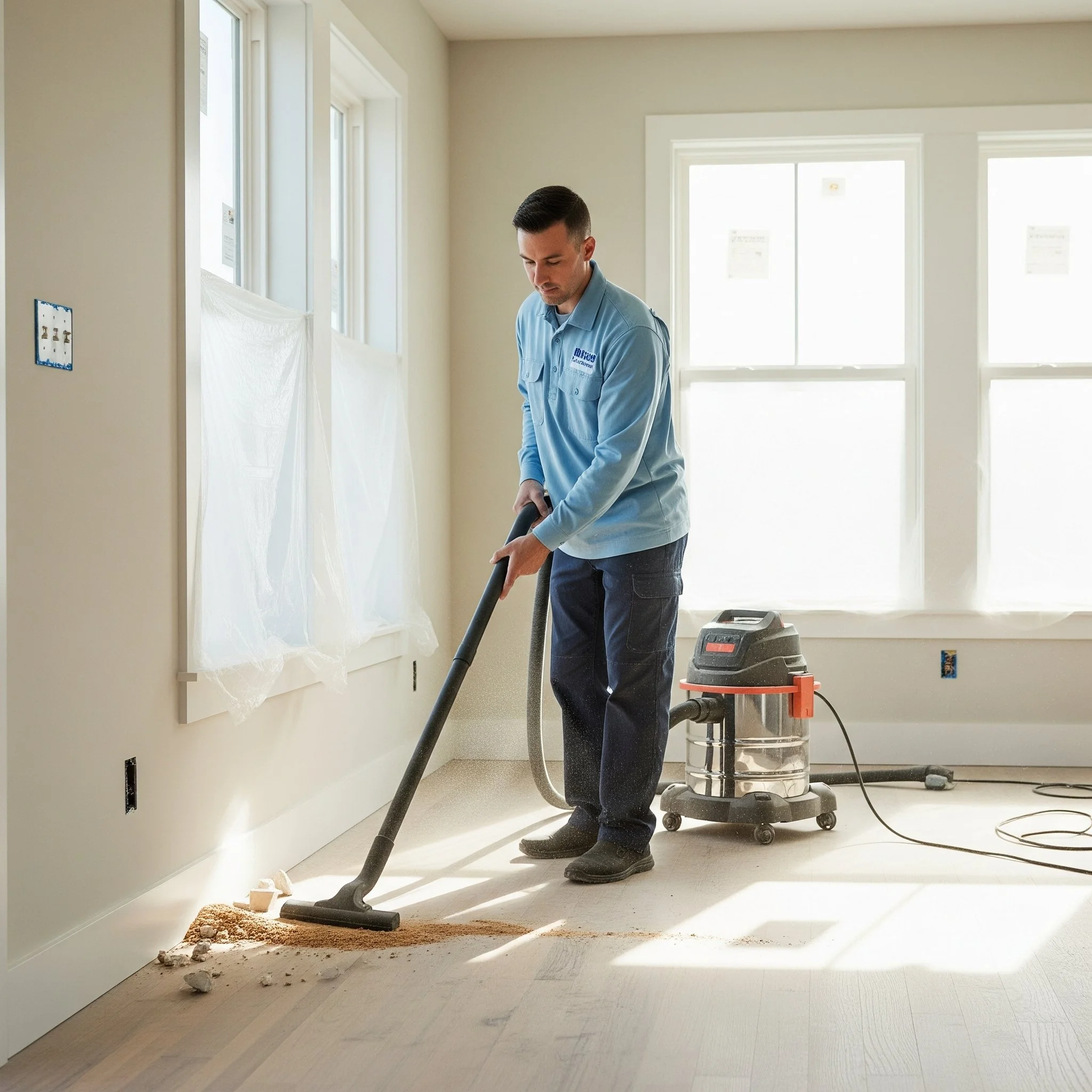 A man in a blue uniform vacuuming dust and debris from a light-colored wooden floor in a bright room with large windows.