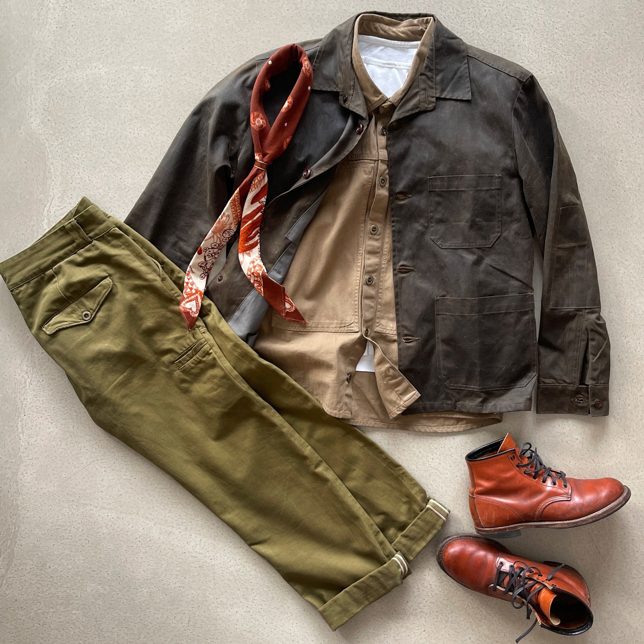 More Spring Weather Layers 
Antique Green Waxed Cotton Chore Coat
13.5oz Selvedge Denim Chino Fatigue
CCC Portland HBT Fatigue Overshirt
Cashmere Beanie
#looksgoodactstough 

Military Style &amp; Workwear Inspired. Performance fabric &amp; constructi