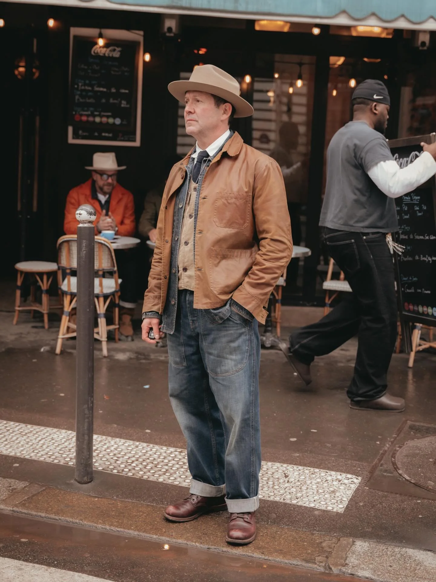 Paris, not quite Spring 
- Antique Yellow Wax Chore Coats
- Swiss Army Fatigues in Denim - Wash
- Linen/Cotton Vest 
_ 15oz Japanese Selvedge Chore Coat - Wash

Military Style &amp; Workwear Inspired. 
Performance fabric &amp; construction led.

Clas