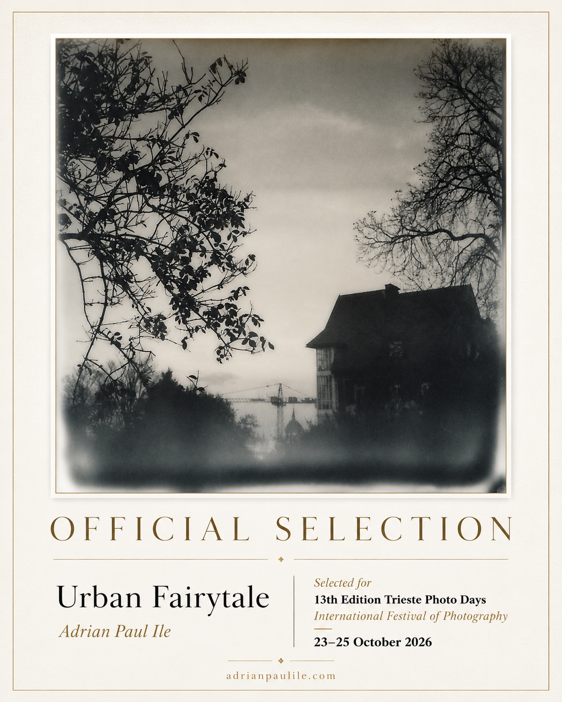 Urban fairytale, a moody black-and-white polaroid photograph of a dark house framed by bare trees, with construction crane in the distance