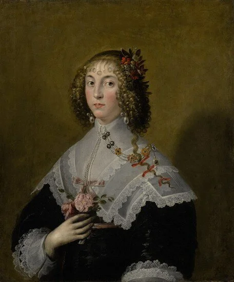 EDWARD-BOWER-PORTRAIT-OF-A-LADY-HALF-LENGTH-WEARING-A-BLACK-DRESS-WITH-BROAD-LACE-COLLAR-PEARLS-HAIR-RIBBONS-AND-HOLDING-A-BO_1576958523_1456.jpg