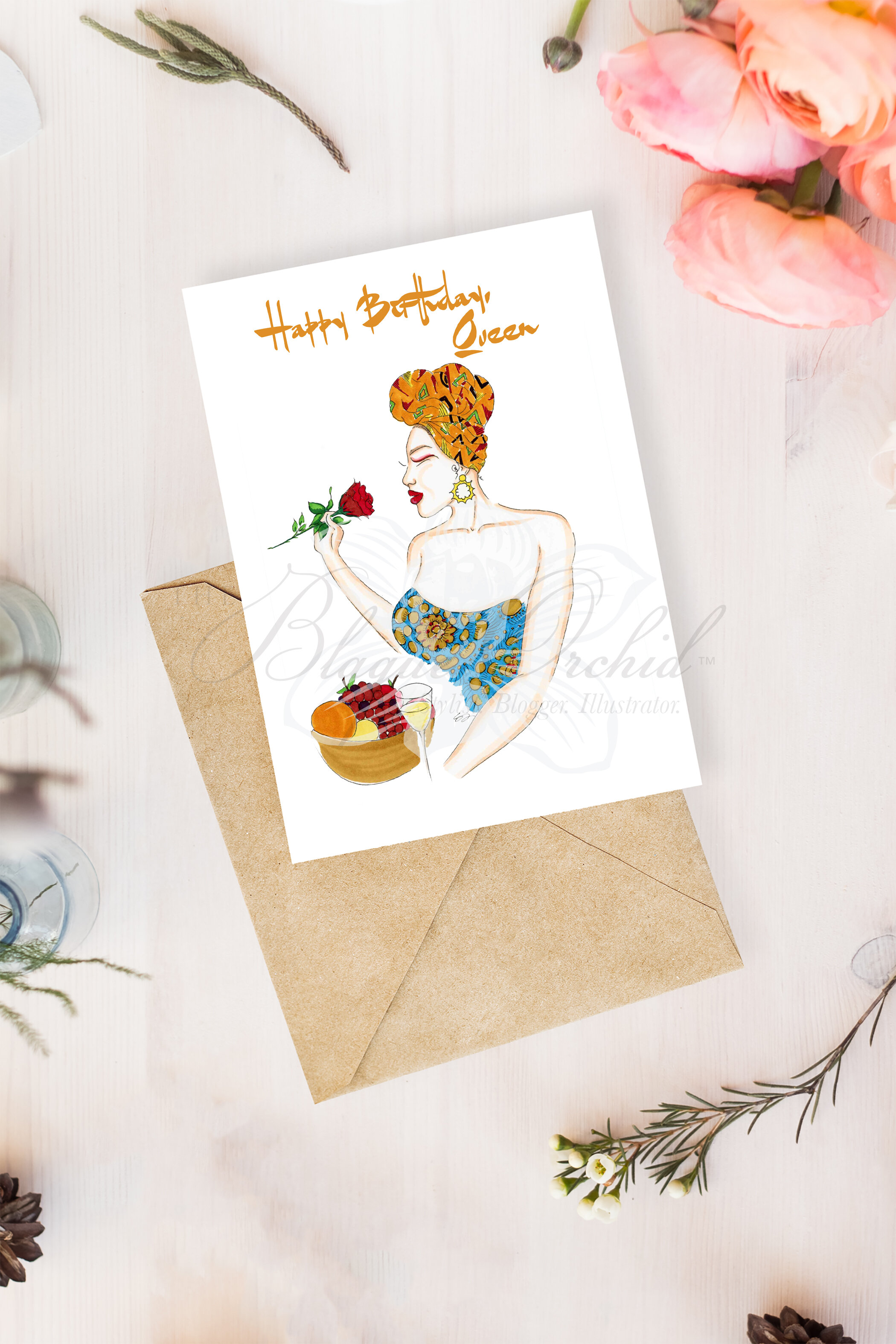 'Queenly Birthday' Fashion Illustrated Greeting Card by The Blaque Orchid