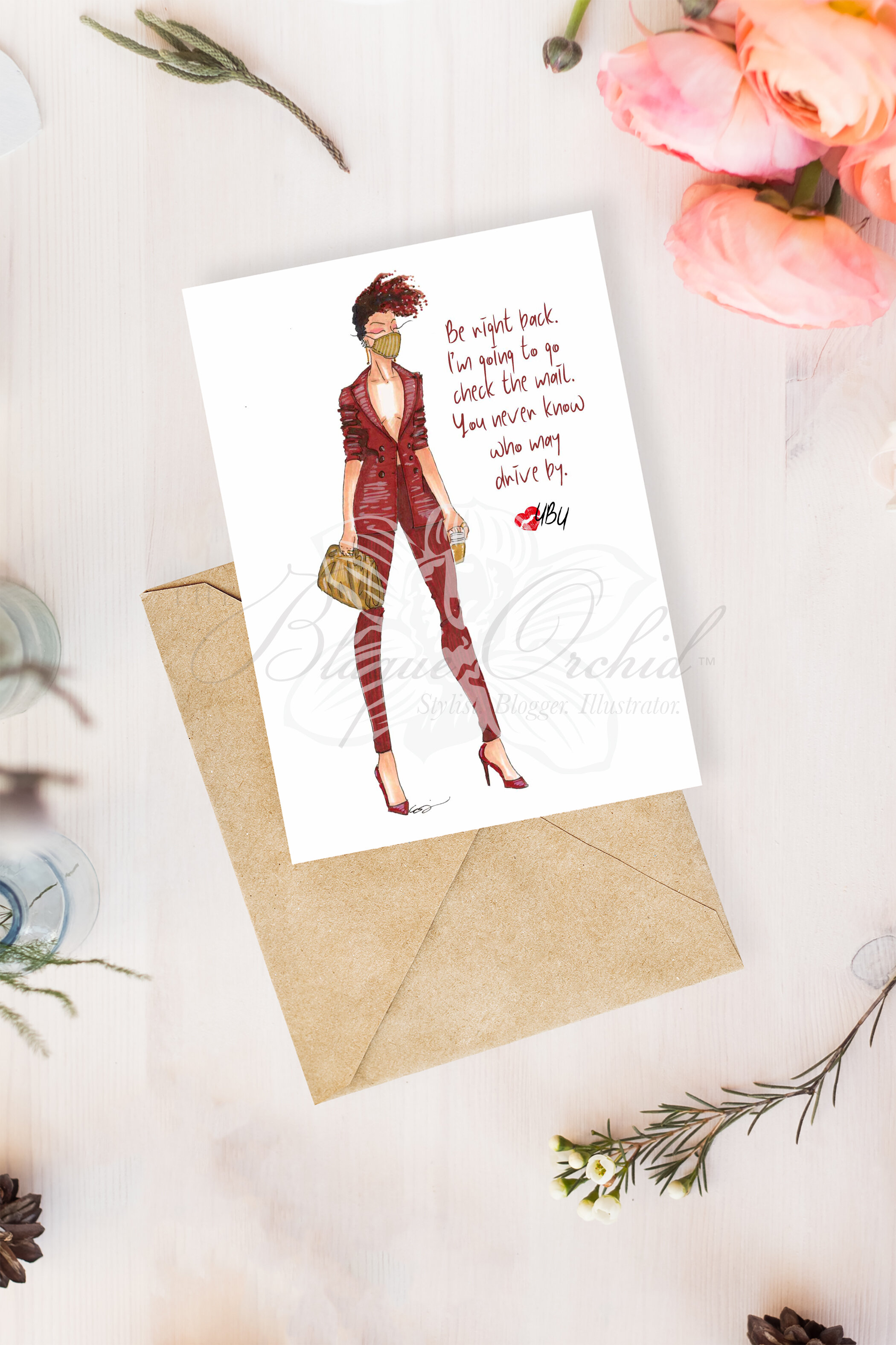 'Burgandy Masked Bombshell' Fashion Illustrated Greeting Card by The Blaque Orchid