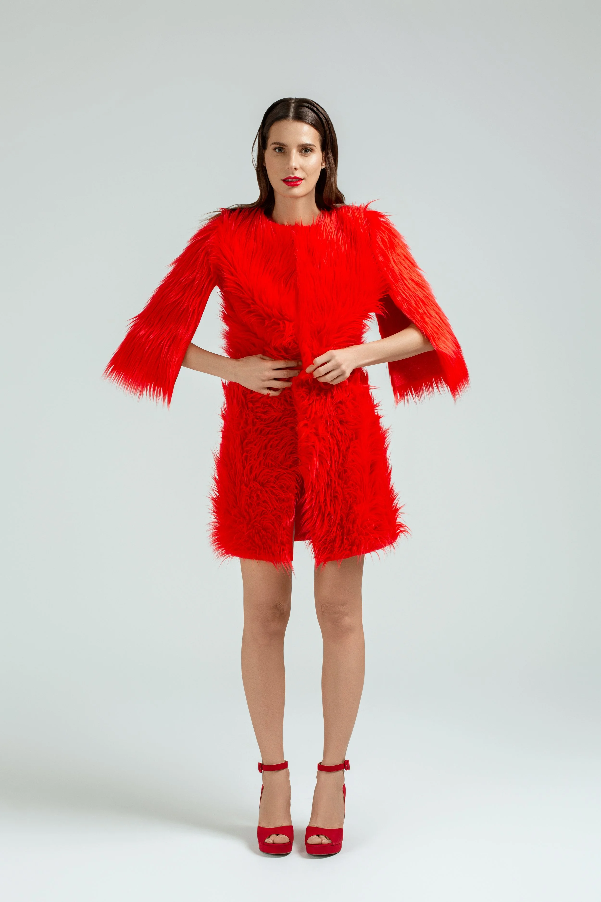 Red faux fur coat