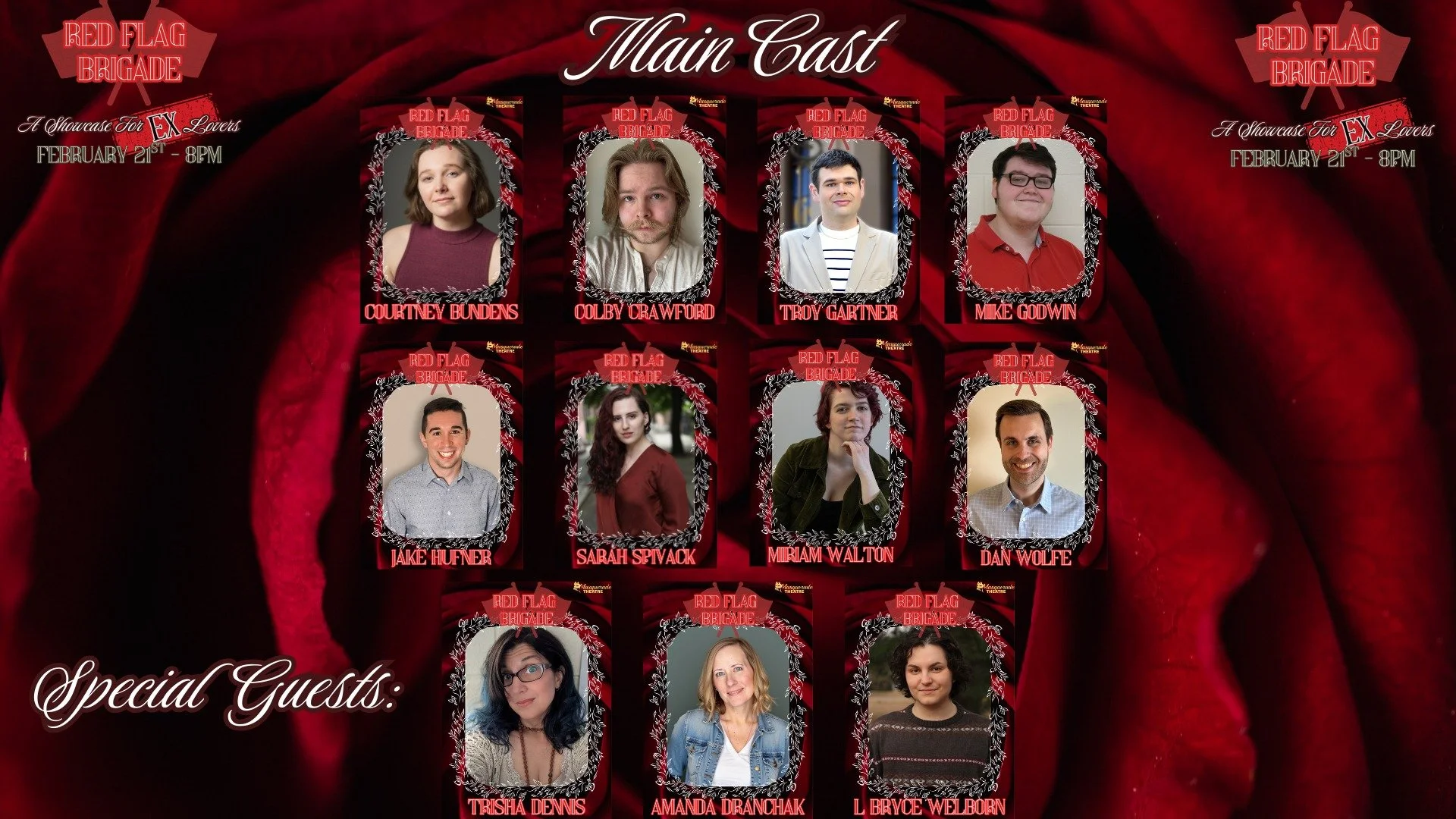 The VALENTINE'S SHOWCASE DOUBLE FEATURE continues!

TONIGHT at 8pm we'll be hosting the evil sister showcase: "The Red Flag Brigade"!

Featuring songs from The Last 5 Years, Dogfight, and Heathers, among many more, this performance features