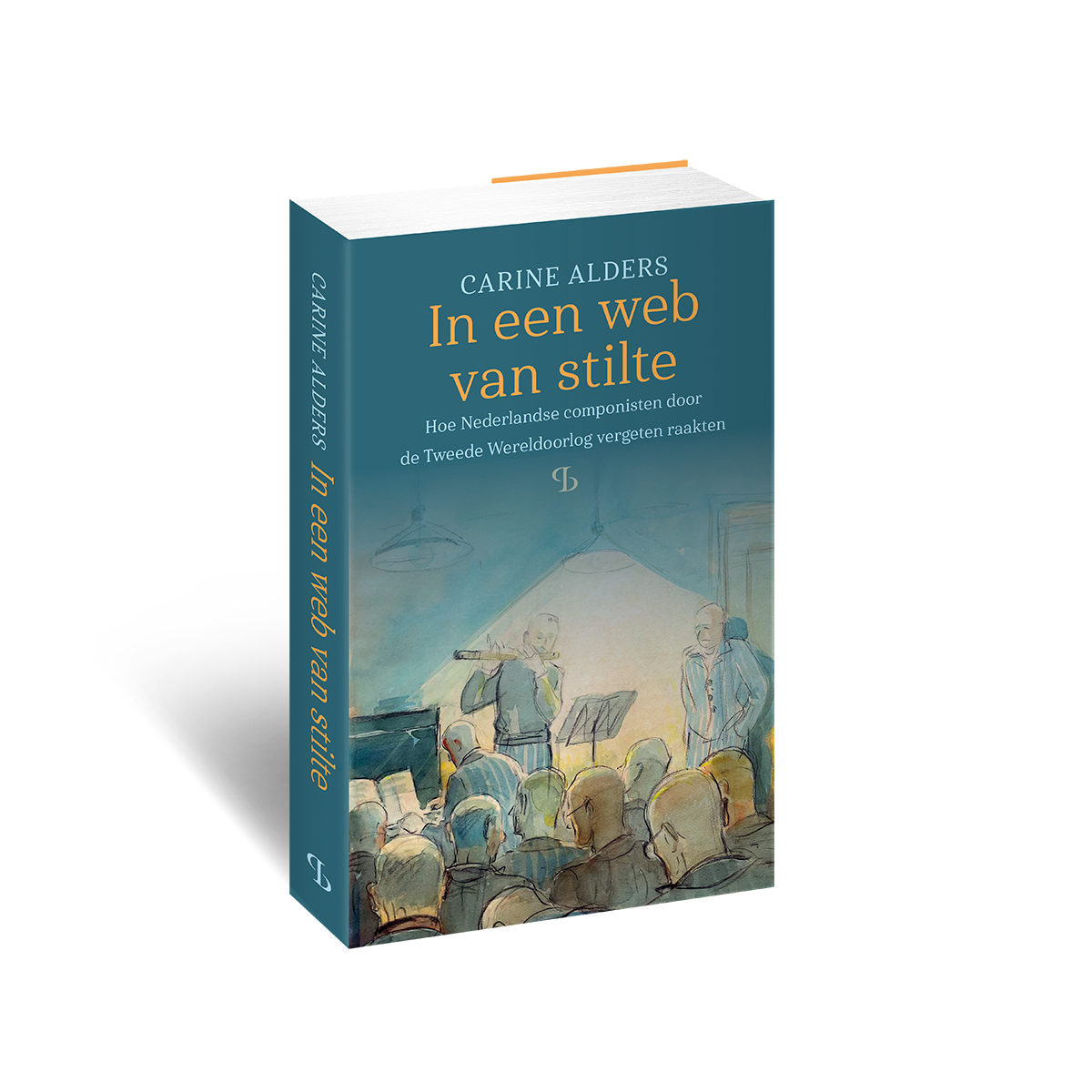 Cover van het boek 'In een web van stilte' in 3D, met een aquarel van een concert uit Kamp Vught.