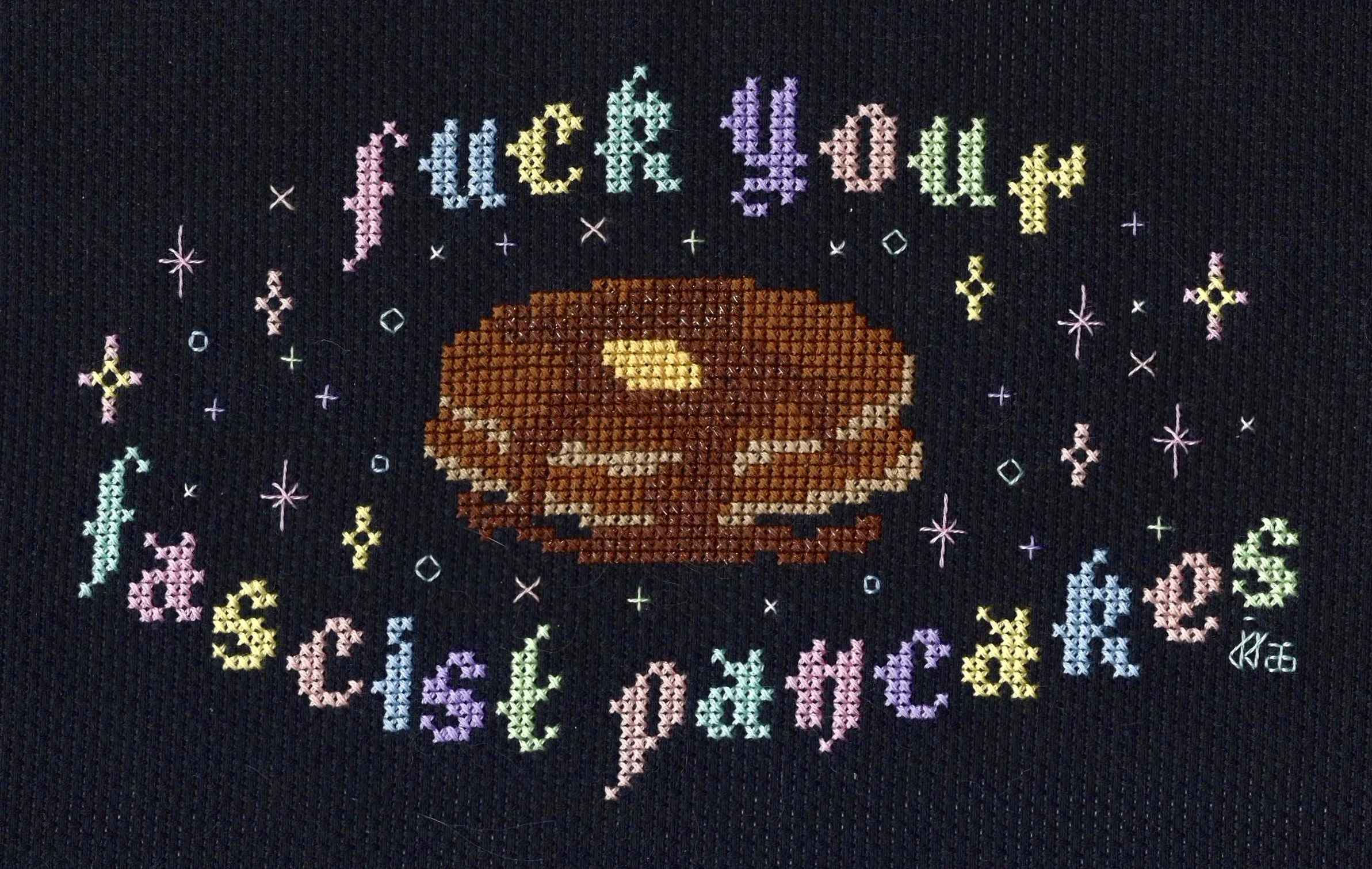 2026 \ Fuck Your Fascist Pancakes
Self-drafted
14ct Black aida with DMC