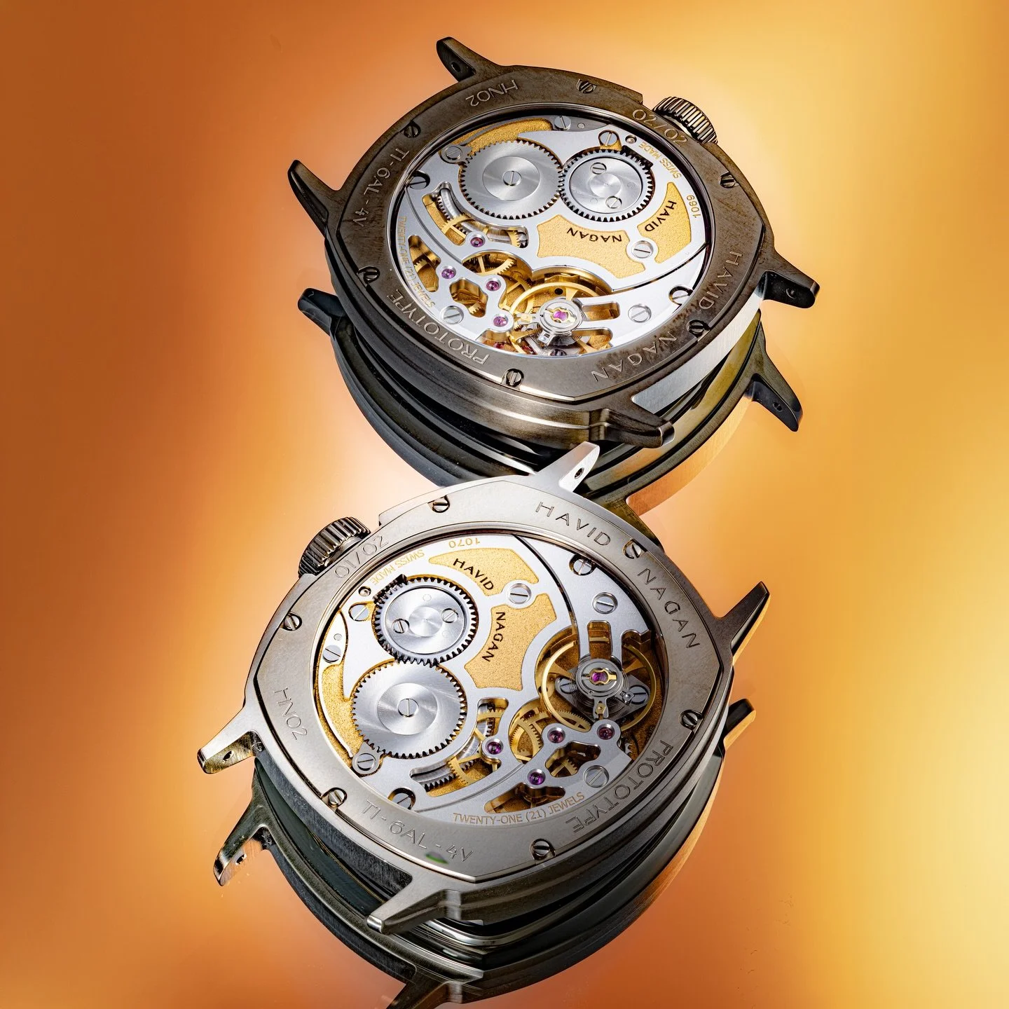 HN02 / 3N galvanized plates finished in Mitraill&eacute;, rhodium treated and skeletonized bridges, certified chronometers.