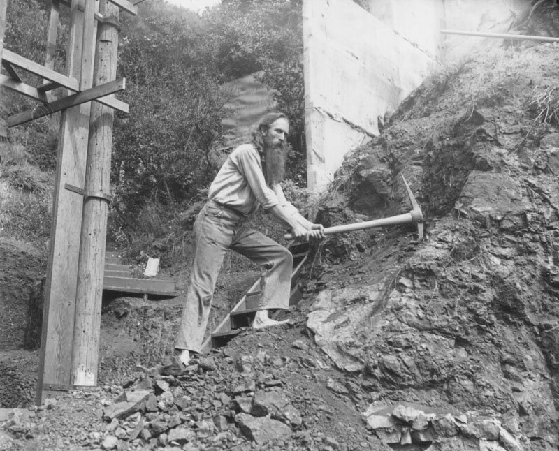 1929.Pilgrimage Play Amphitheater.man with pickaxe.Security Pacific National Bank Collection.jpg