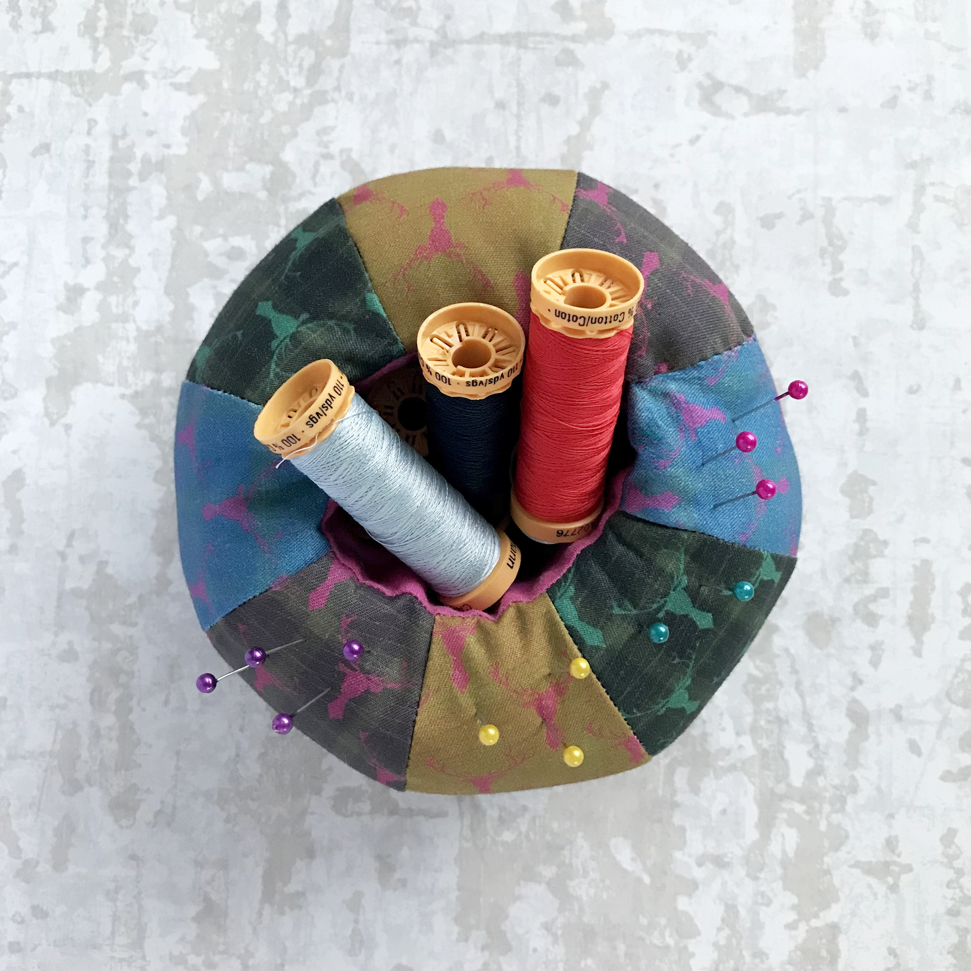 Round padded pin cushion made form Shute Lane fabric (Copy)