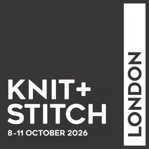 A promotional graphic for Knit + Stitch London event, taking place from October 8 to 11, 2026, featuring a black background with white text and a vertical white bar on the right side with the event's location.