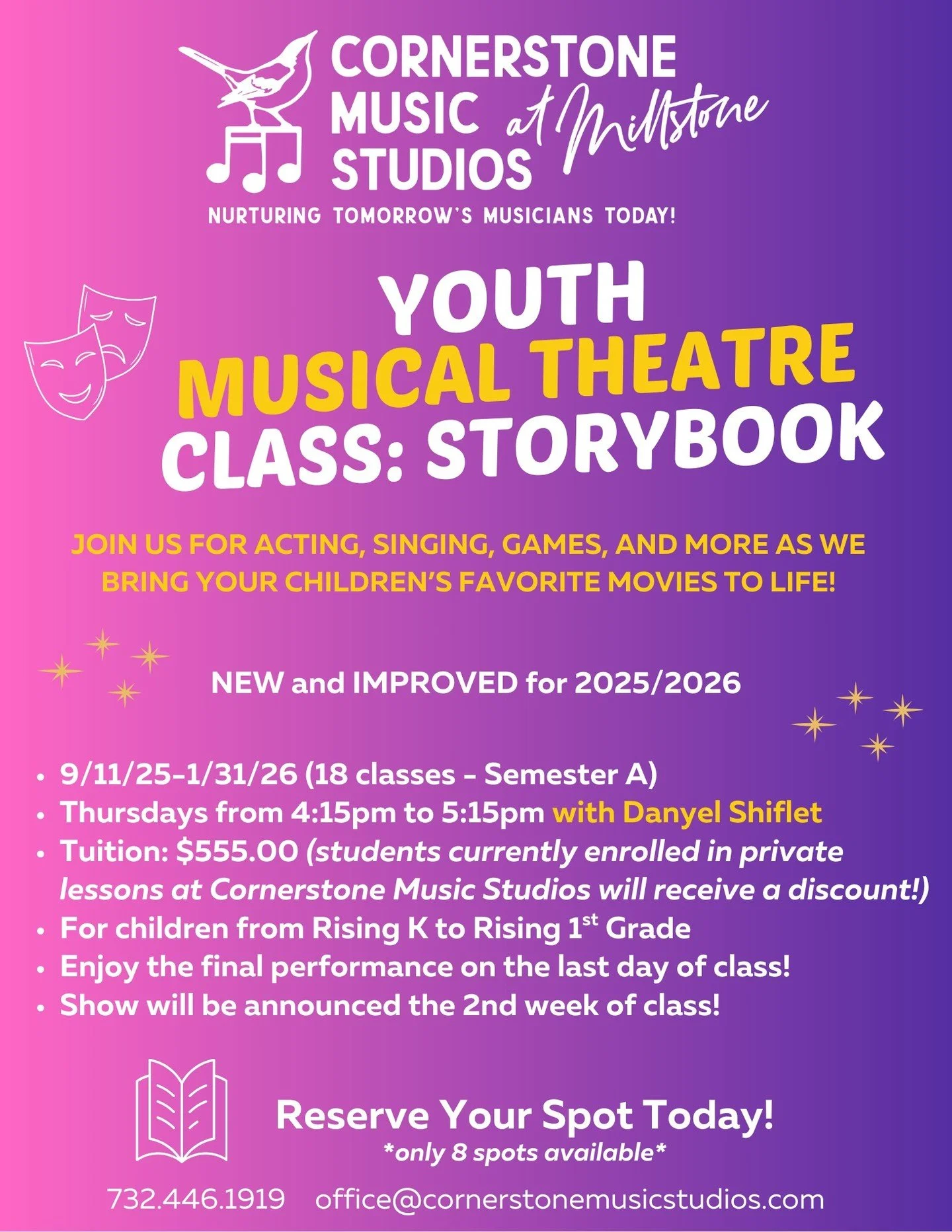 ‼️We are extending our registration and you can still register through September 18th! 

🎭Calling all rising K - rising 1st grade budding actors! Please join us for our Storybook Theatre Class on Thursdays 4:15-5:15pm with the amazing Danyel Shiflet