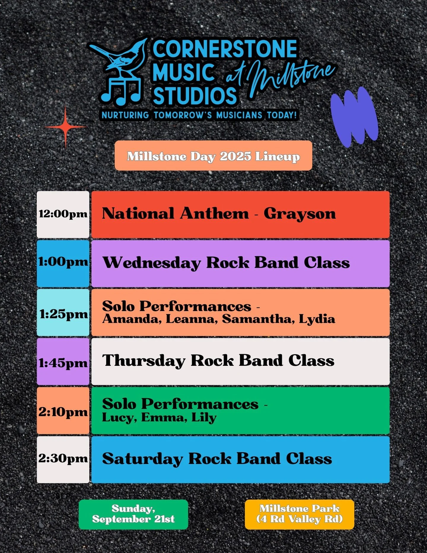 We'll see you at Millstone Day (Sunday, September 21st) at Millstone Park (4 Red Valley Rd) to support our performers and celebrate our community! 🎉

Cornerstone Music Studios will have a tent and table set up. Be sure to stop by for some fun giveaw