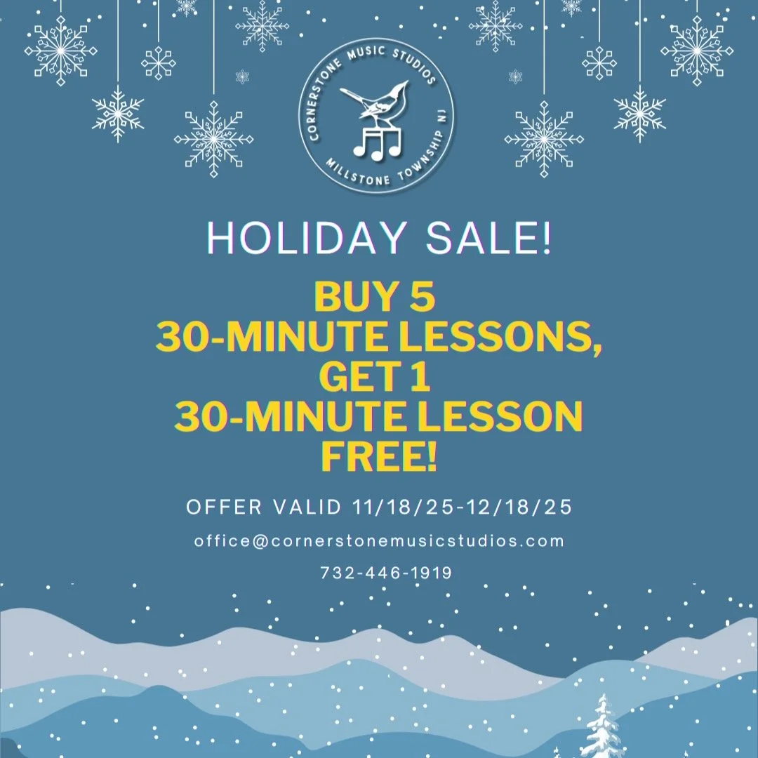 ☃️ Give your loved ones the gift of music this holiday season!

⛸️ From 11/18/25 through 12/18/25 if you buy 5 30-minute lessons you will received 1 30-minute lesson free when you mention this promo!*

🛷 *This offer is not valid on current invoices.