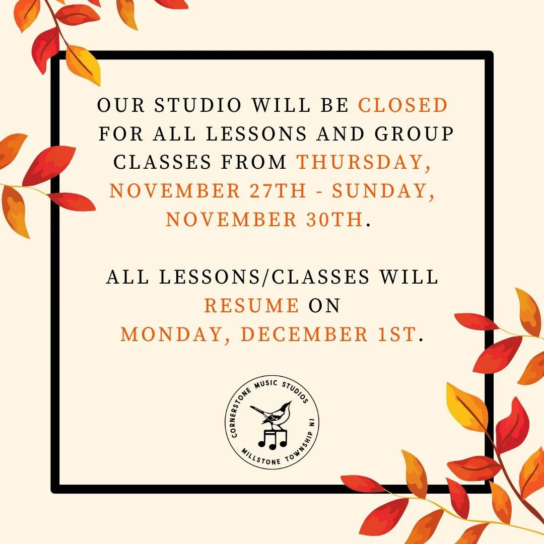 🗓️ Our studio will be closed for all lessons and group classes from Thursday, November 27th - Sunday, November 30th. All lessons/classes will resume on
Monday, December 1st.

 🦃 We wish our families a very Blessed and Happy Thanksgiving. We look fo
