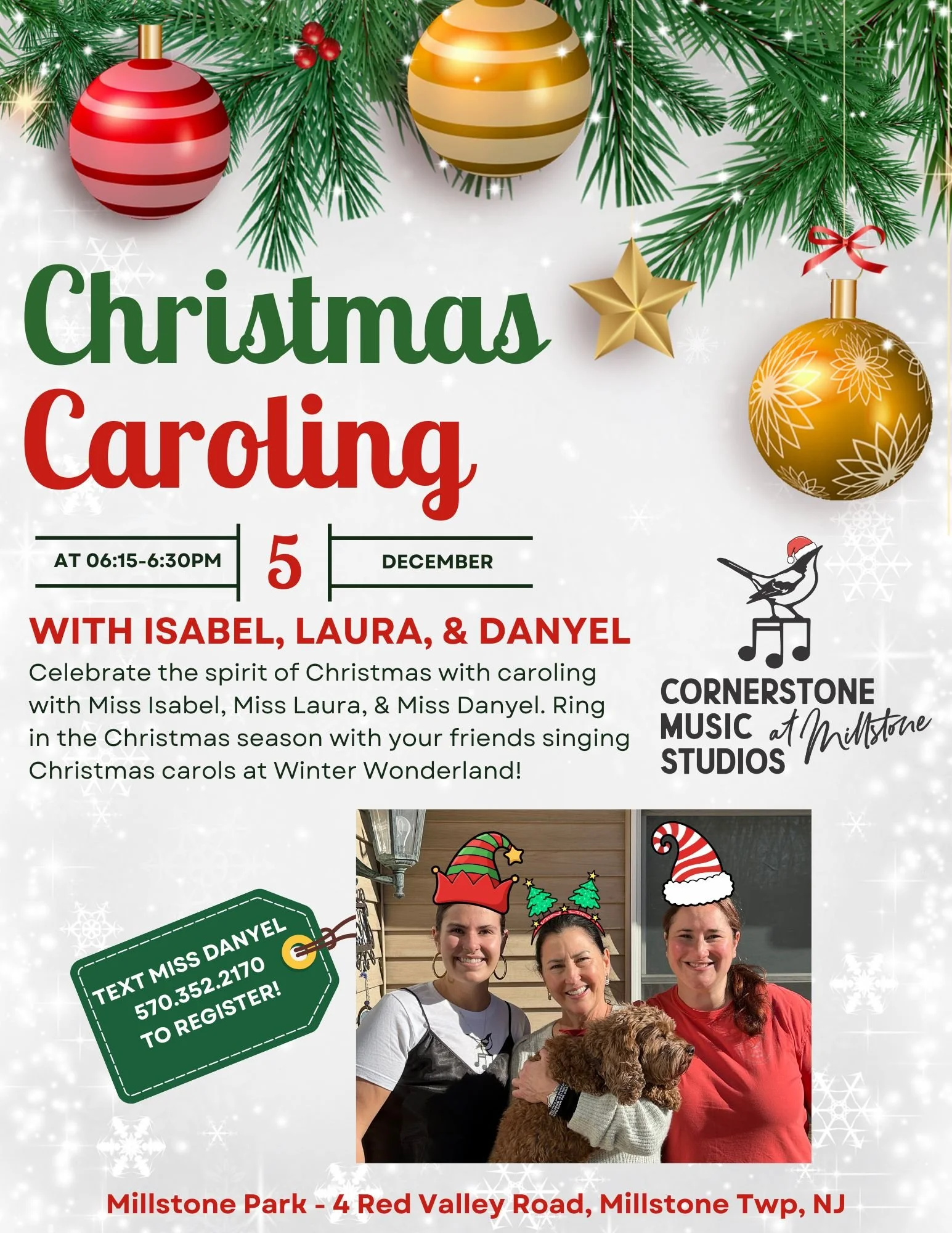 🎄 Spread some holiday cheer with Miss Isabel, Laura, and Danyel at Millstone's Winter Wonderland at Millstone Park on Friday, December 5th! 

🎶 Text Miss Danyel at 570-352-2170 to register for Christmas caroling!

⛸️ There will be free activities i