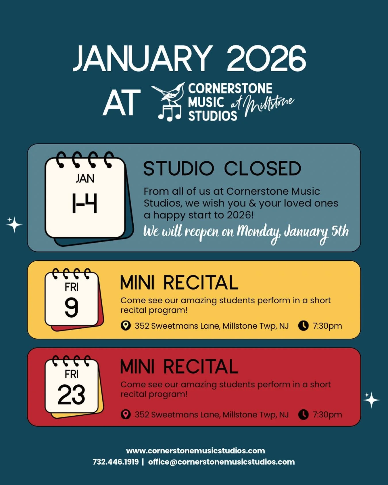Don&rsquo;t miss a beat this month! 🎶 Here&rsquo;s what&rsquo;s going on at Cornerstone Music Studios in January. Save this and join us, we can&rsquo;t wait to see you for another amazing year! ❄️