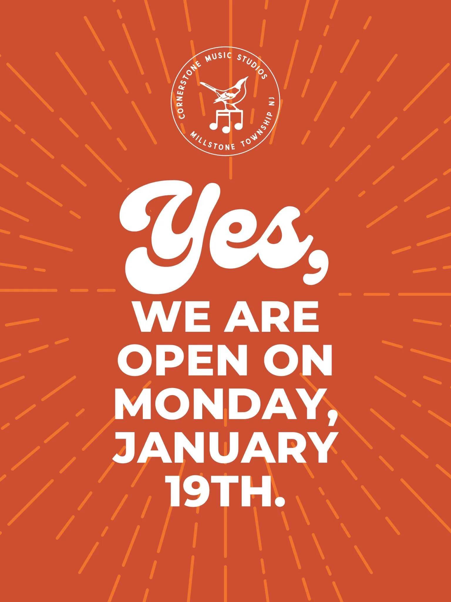 🎶 We are open on Monday, January 19th for all lessons and classes. We'll see you then!