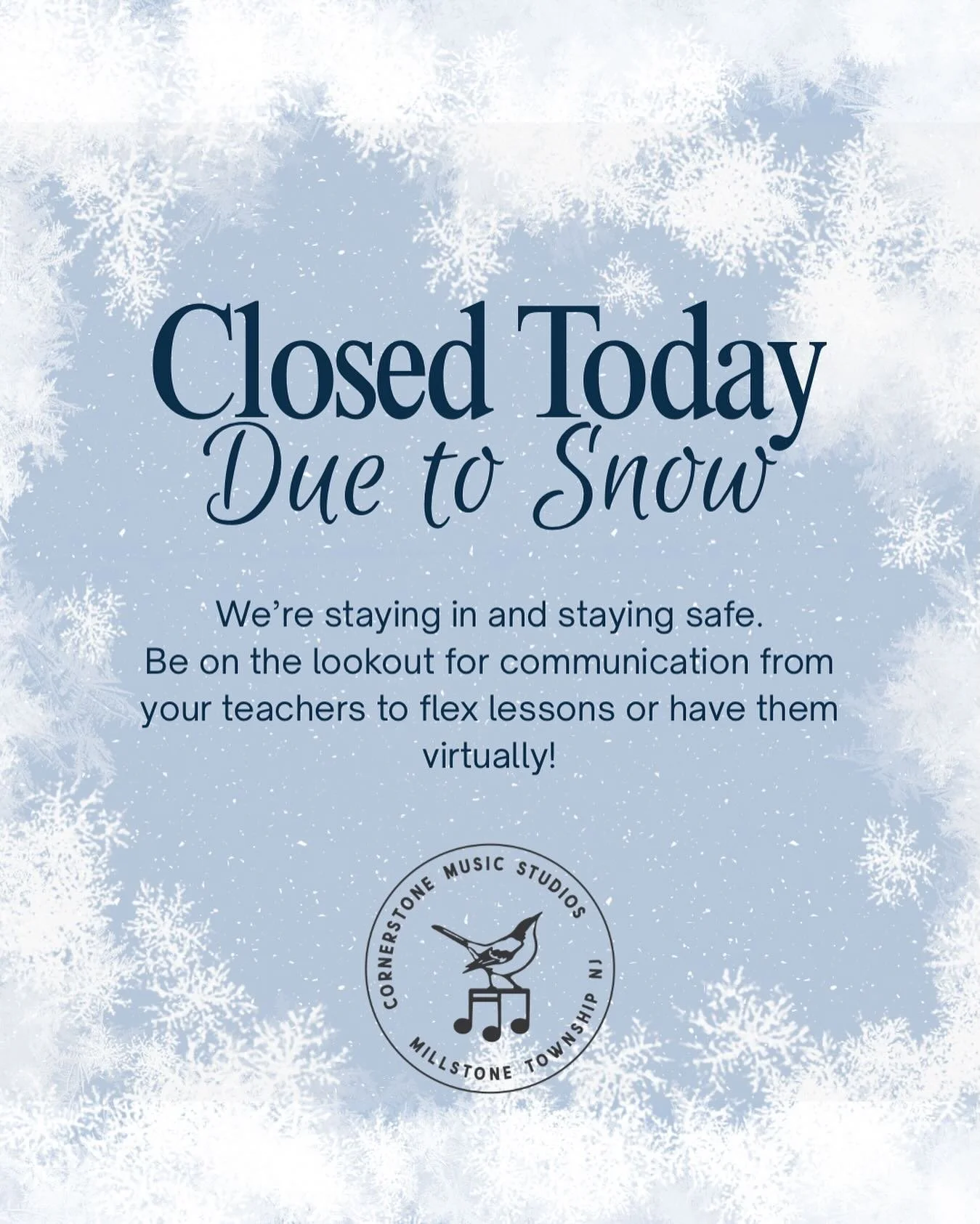 ❄️ Weather Closure Update ❄️
Due to today&rsquo;s weather, the studio will be closed. We hope everyone is staying safe, cozy, and warm! 🤍
Our teachers will be reaching out to students directly to either flex lessons or move lessons to a virtual form