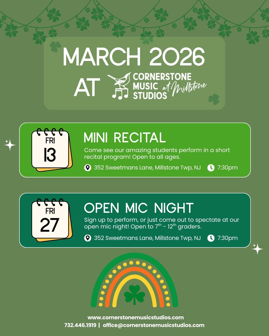 March is here at Cornerstone Music Studios and we&rsquo;re feeling extra lucky 🍀✨

A month full of music, growth, and maybe a little Irish charm mixed in. Be sure to check out our March calendar so you don&rsquo;t miss a thing &mdash; from lessons a