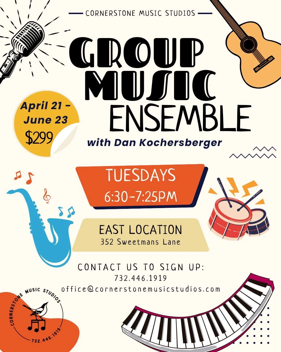🎷 Group Music Ensemble, led by Dan Kochersberger!

A fun, collaborative space for musicians ages 11&ndash;15 to play together, build confidence, and truly bring music to life.
Students of all instruments will learn how to read lead sheets, listen an