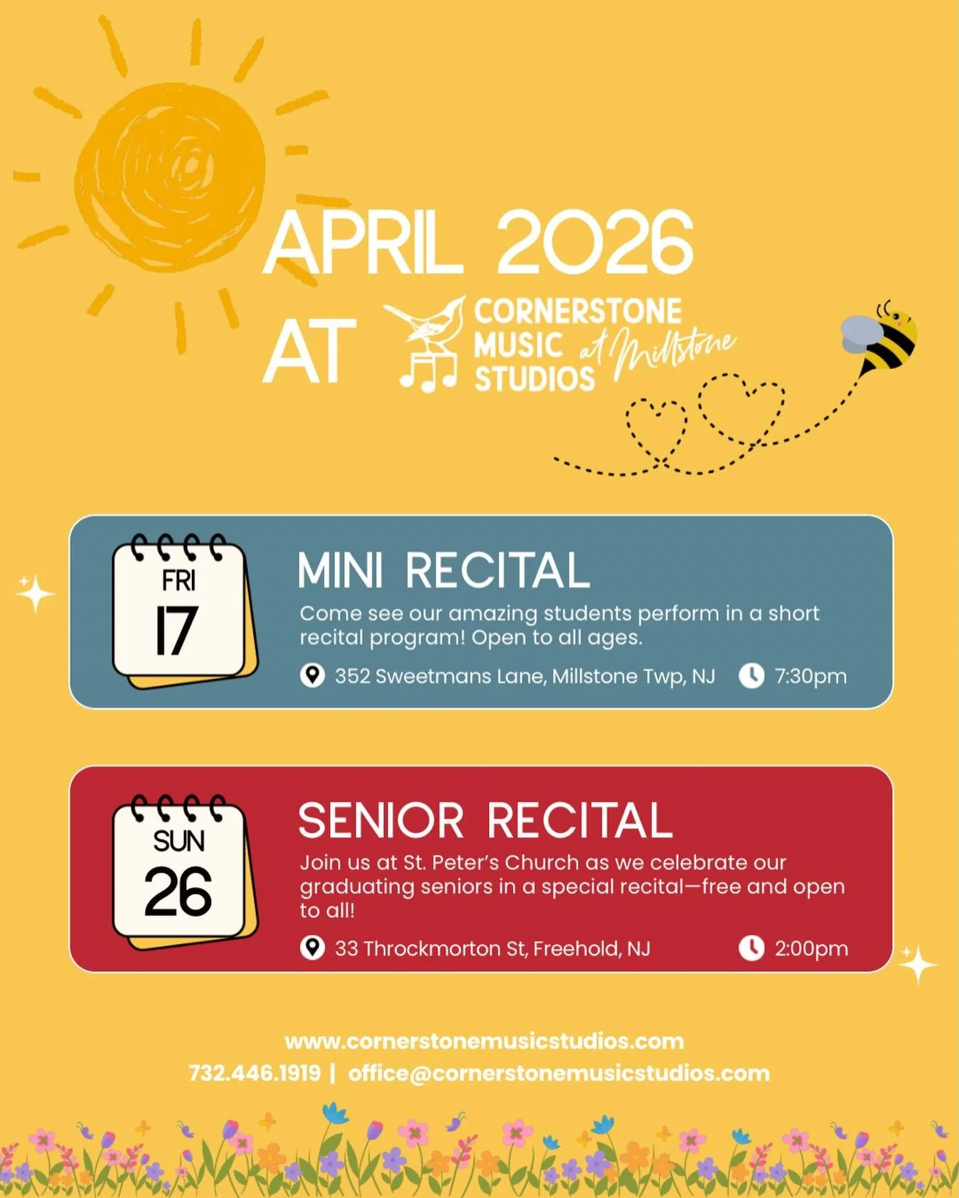 We&rsquo;re back from Spring Break and the music is blooming 🌸🎶 April is full of lessons, performances, and so many chances to shine ✨ Take a peek at what&rsquo;s ahead at Cornerstone this month&mdash;we can&rsquo;t wait to see you!