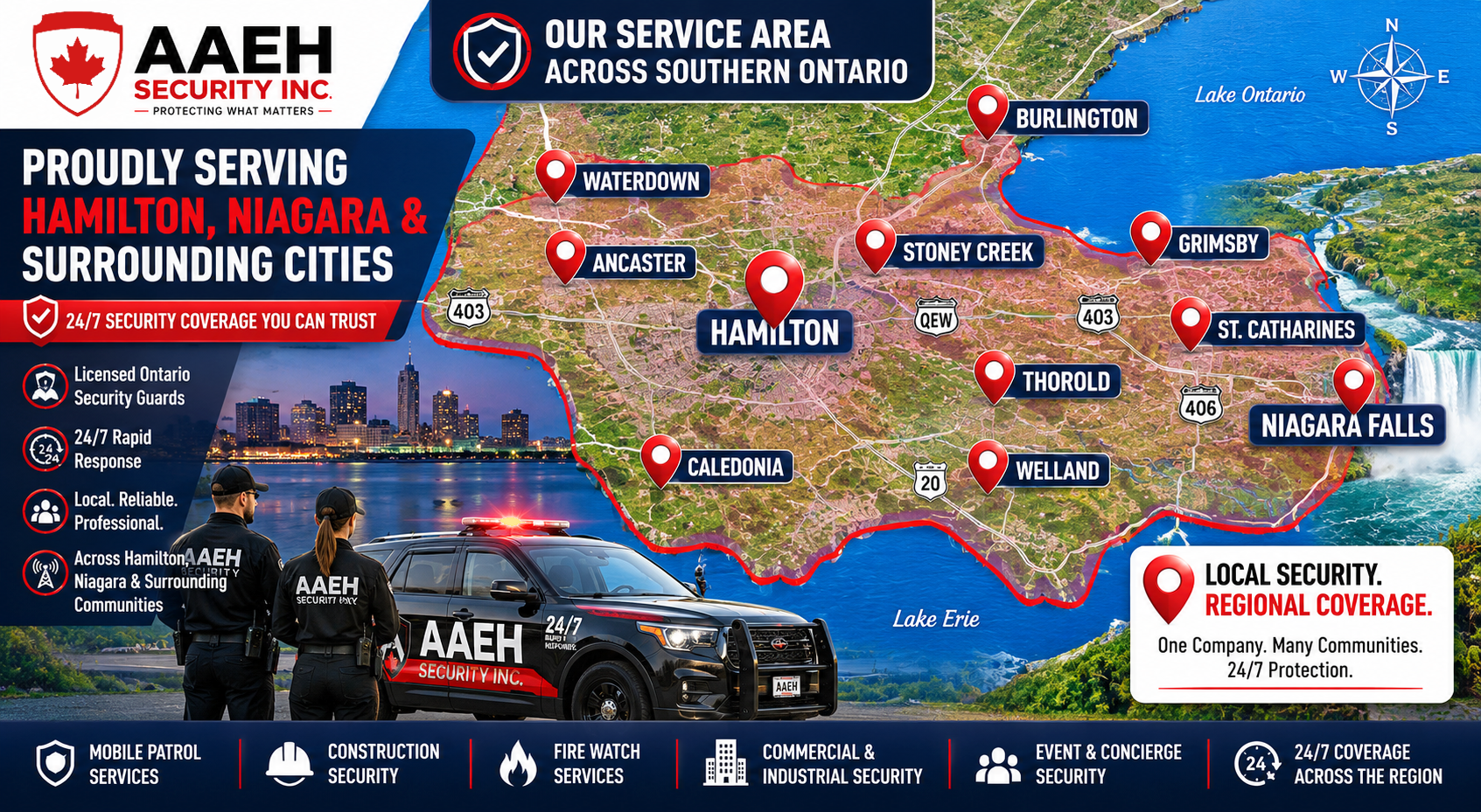 Map showing AAEH Security service coverage across Hamilton, Ancaster, Stoney Creek, Waterdown, Dundas, Burlington, Niagara Falls, St. Catharines, Thorold, Welland, Grimsby, Caledonia and surrounding Southern Ontario communities