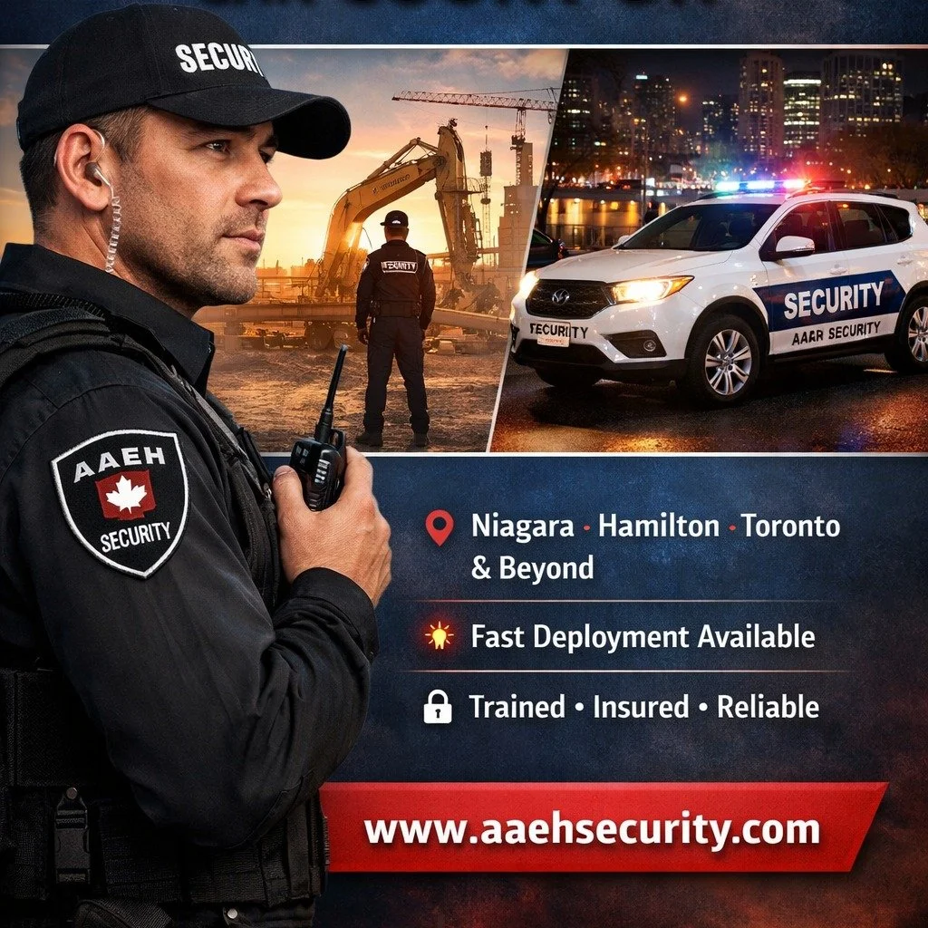AAEH Security provides professional, licensed security guards across Ontario. From construction sites and mobile patrols to events and commercial properties, we protect what matters most.

📍 Serving Niagara, Hamilton, Toronto &amp; beyond
🚨 Fast de